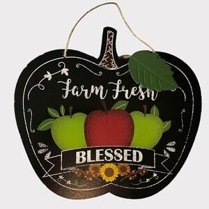 FARM FRESH BLESSED Black Apple Hanging Wall Door Sign Rustic Look Decor